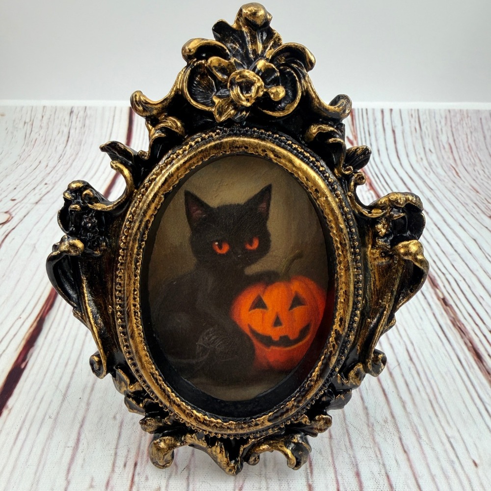 Handmade Halloween Black Cat Pumpkin Decoupage Art Ornate Gold Resin Frame